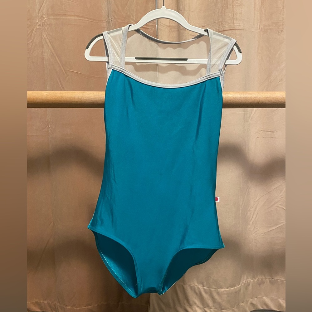 Yumiko Becky Mesh Leotard, Medium, Emerald Teal Nylon, Silver Trim, White Mesh
